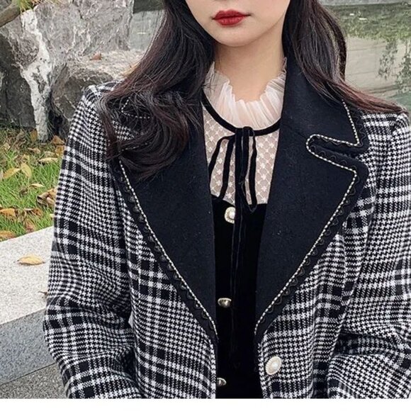 Mr. Water New York Black and White Plaid Long Wool Coat